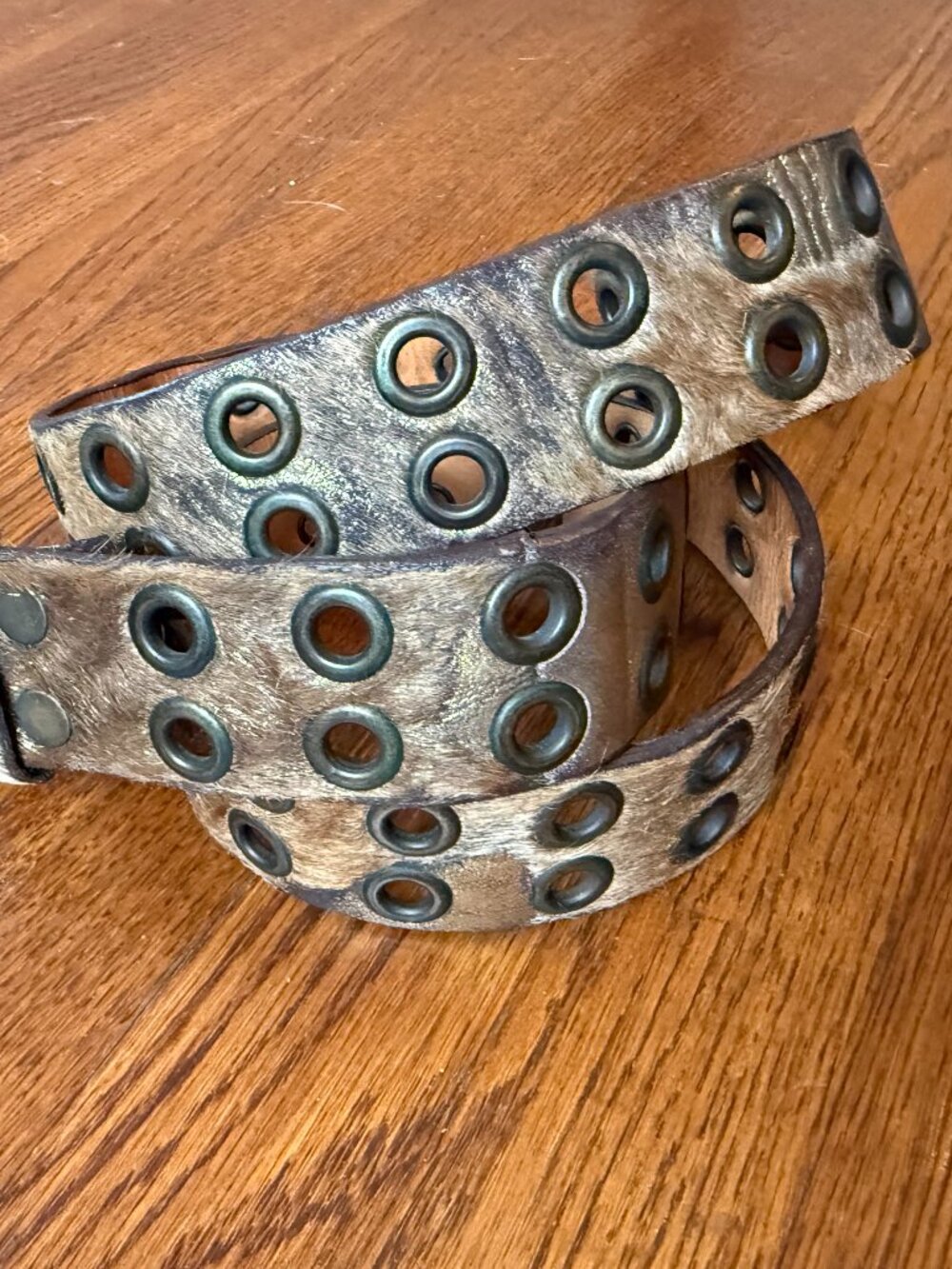 Gold hair-on hyde & leather belt with gold/brass hardware.